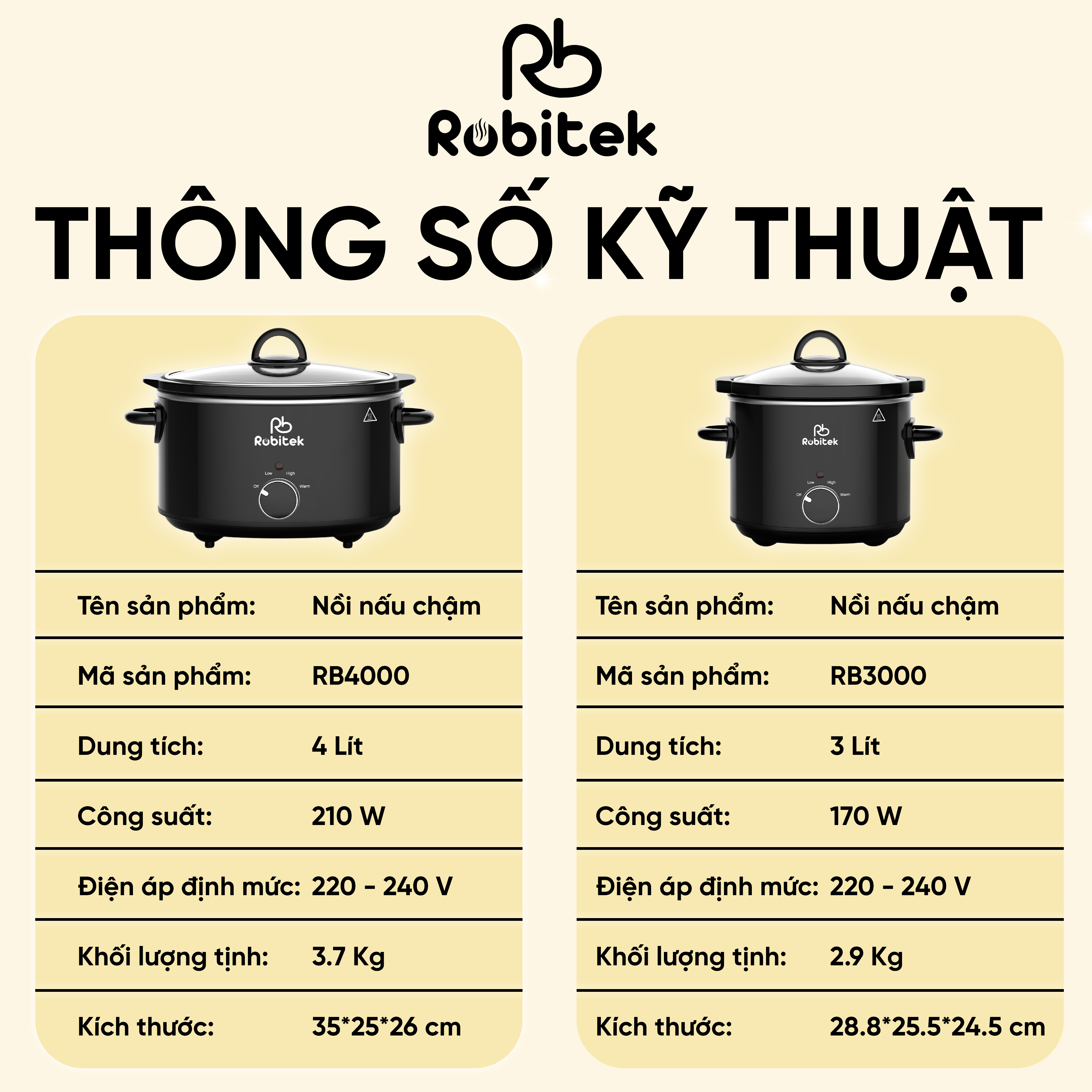 NỒI NẤU CHẬM ROBITEK RB3000 &amp; RB4000 – DUNG TÍCH 3L, 4L – NINH HẦM THỊT TIỆN LỢI, PHÙ HỢP CHO GIA ĐÌNH